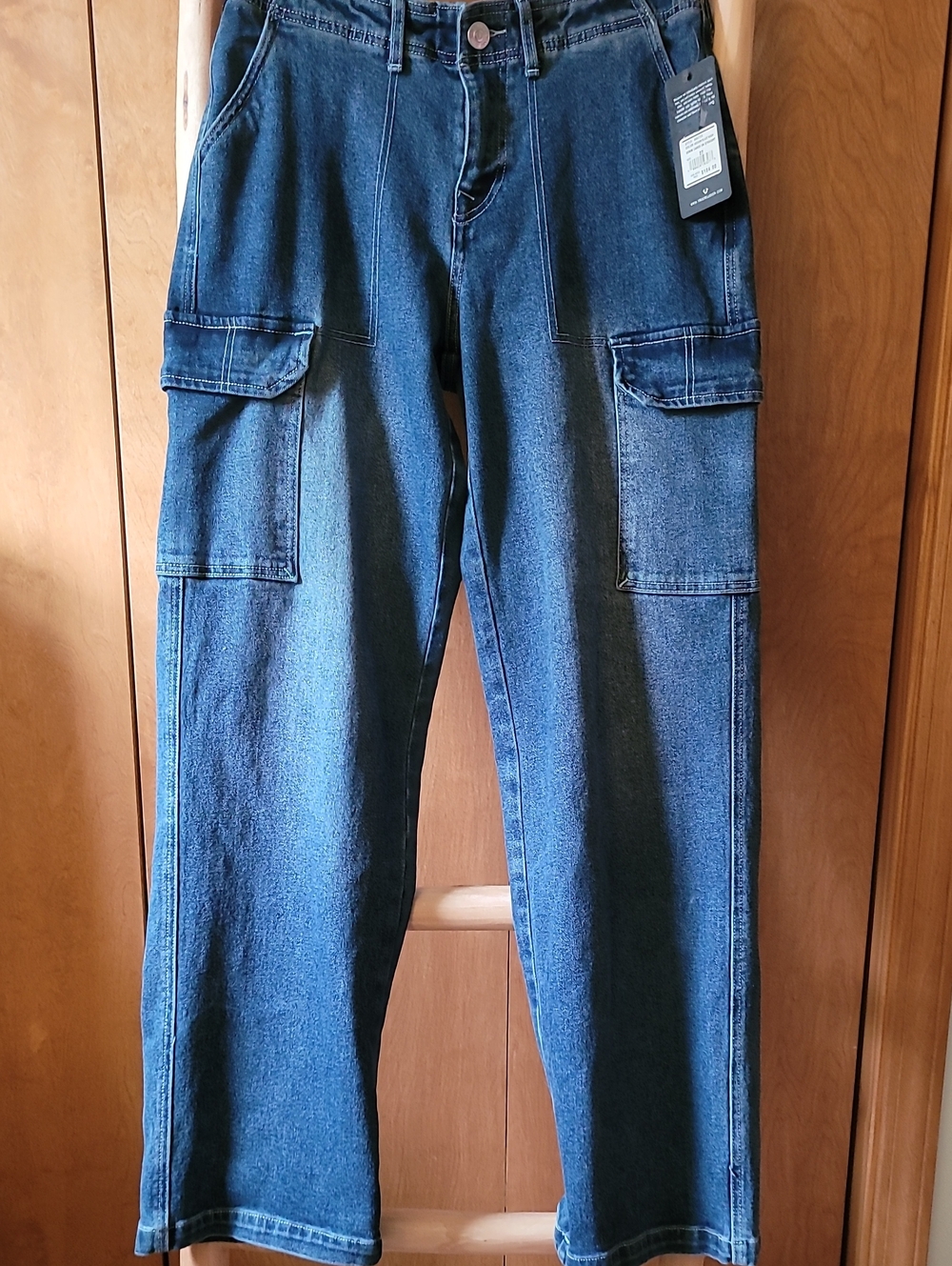 Women's Blue Cargo Denim Pants - Relaxed Fit